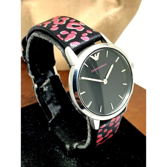 Emporio Armani Women's Watch AR11262 Black Red Leather Band 32mm USED - Picture 2 of 13